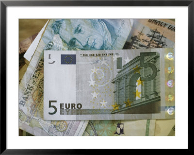 5-Euro Bill On Top Of A Stack Of Obsolete European Paper Money by Stephen Alvarez Pricing Limited Edition Print image