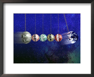 Money Globes Swinging On Pendulum With The Earth by Paul Katz Pricing Limited Edition Print image