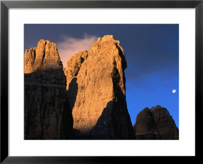 Moon Above Tre Cimo Di Lavaredo At Dawn, Dolomiti Di Sesto Natural Park, Trentino-Alto-Adige, Italy by Grant Dixon Pricing Limited Edition Print image