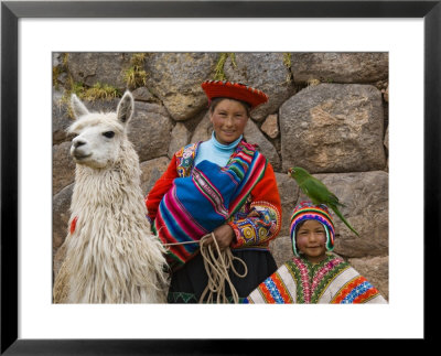 Woman With Llama, Boy, And Parrot, Sacsayhuaman Inca Ruins, Cusco, Peru by Dennis Kirkland Pricing Limited Edition Print image