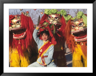 Girl Playing Lion Dance For Chinese New Year, Beijing, China by Keren Su Pricing Limited Edition Print image