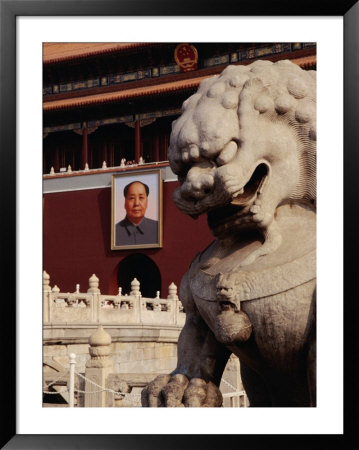 Imperial Lion Statue And Portrait Of Mao At Tiananmen Square, Beijing, China by Diana Mayfield Pricing Limited Edition Print image
