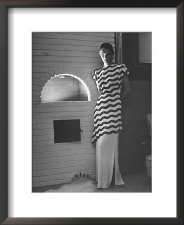 Model Wearing A Custom Made Evening Gown Of White Crepe With Zebra Strips by Nina Leen Pricing Limited Edition Print image