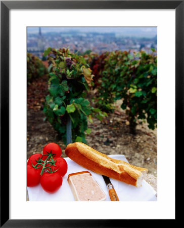 Tomatoes, Pate And Baguette Picnic In Vineyard, Epernay, Champagne-Ardenne, France by Oliver Strewe Pricing Limited Edition Print image