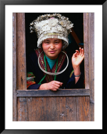 Shidong Miao Girl Wearing Silver Head Dress Looking Through A Window, Kaili, China by Keren Su Pricing Limited Edition Print image