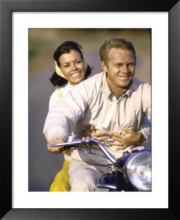Actor Steve Mcqueen With Wife Nellie On Motorbike by John Dominis Pricing Limited Edition Print image
