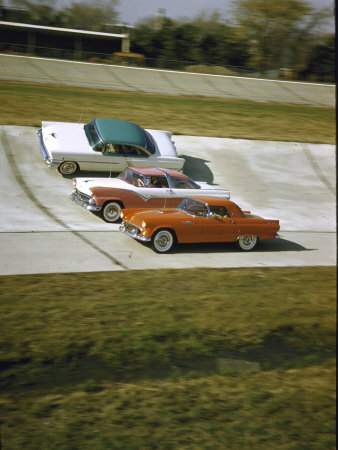 New Cars For 1955: Ford Thunderbird, Ford Fairlane Crown Victoria And Mercury Montclair Coup by John Dominis Pricing Limited Edition Print image