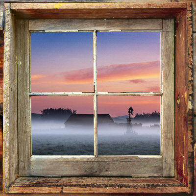 Farmyard Sunrise Viewed Through Old Window Frame by Images Monsoon Pricing Limited Edition Print image
