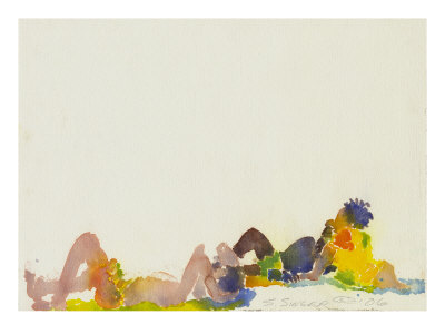 Watercolor Painting Of Sunbathers On The Beach by Images Monsoon Pricing Limited Edition Print image
