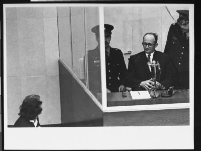 Nazi War Criminal Adolf Eichmann Smiling At German Secretary For Defense While On Trial by Gjon Mili Pricing Limited Edition Print image