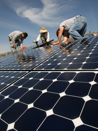 Work Crew Installs Solar Power Panels In Santa Monica by David Mcnew Pricing Limited Edition Print image