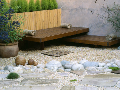 Roof Garden - Bamboo Fence, White Boulders, Cedar Deck, Seats, Rendered Wall And Besom Broom by Clive Nichols Pricing Limited Edition Print image