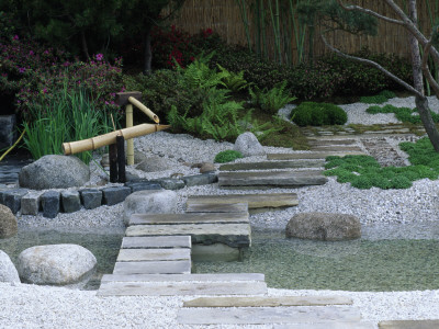 Japanese Water Feature, Stepping Stones And Stream, Coa Garden, Chelsea, Designer: Hiroshi Nanamori by Clive Nichols Pricing Limited Edition Print image
