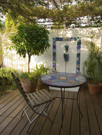 Mediterranean Decked Courtyard With Standard Bay, Tiled Water Feature And Mosaic Table by Clive Nichols Pricing Limited Edition Print image