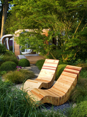 Recycled Timber Chairs Overlook Lush Planted Garden With Cedar Pavillion, Chelsea 2007 by Clive Nichols Pricing Limited Edition Print image