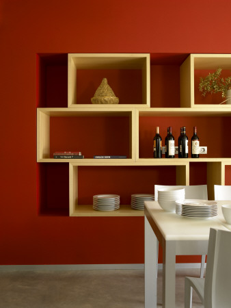 Vivienda Unifamiliar, Girona, Dining Room Shelving On Red Wall by Eugeni Pons Pricing Limited Edition Print image