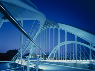 Bac De Roda Bridge La Sagrera, Barcelona, 1987, Road And Footbridge At Night by John Edward Linden Pricing Limited Edition Print image