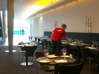 The Sage Gateshead, Gateshead, Tyne And Wear, England, Waiter Laying Table In Brasserie, by Richard Bryant Pricing Limited Edition Print image