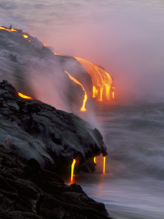 Lava Entering The Ocean At Night, Volcanoes National Park, Big Island, Hawaii, Usa by Jon Cornforth Pricing Limited Edition Print image