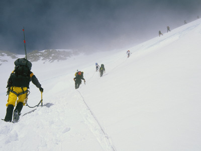 Climbers Hike Through A Snowy Landscape On Their Way To Denali by Bill Hatcher Pricing Limited Edition Print image