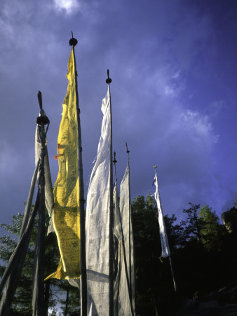 Colorful Flags Under Blue Sky, Bhutan by Michael Brown Pricing Limited Edition Print image