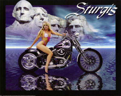 Motorcycle And Bikini Girl With Mount Rushmore by Greg Smith Pricing Limited Edition Print image