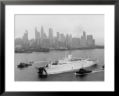 Aerial View Of Ms Stockholm Entering Harbor After Crash With Ss Andrea Doria Against Skyline by Howard Sochurek Pricing Limited Edition Print image