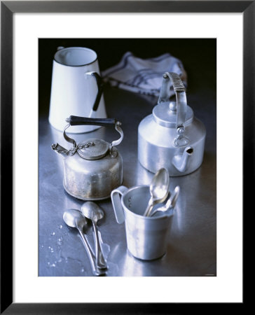 Two Old Kettles, Milk Jug, Measuring Jug And Spoons by Michael Paul Pricing Limited Edition Print image