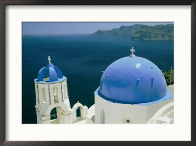 Elevated View Of The Aegean Sea From Atop A Church With Blue Domed Roofs by Todd Gipstein Pricing Limited Edition Print image