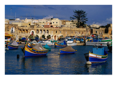 Luzzus, Traditional Fishing Boats Moored In Harbour, Marsaxlokk, Malta by Craig Pershouse Pricing Limited Edition Print image