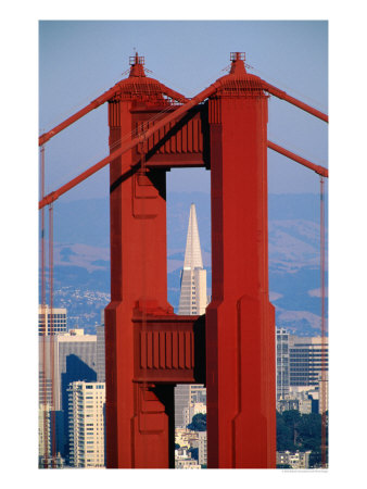 Golden Gate Bridge Tower And Transamerica Building, San Francisco, California, Usa by Roberto Gerometta Pricing Limited Edition Print image