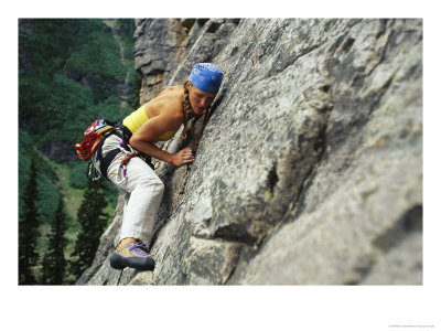 Young Woman Climbs Cliff At Lake Louise by Mark Cosslett Pricing Limited Edition Print image