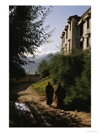 Monks Walk Along A Path Outside A Monastery by Eightfish Pricing Limited Edition Print image