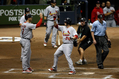 Cardinals V Milwaukee Brewers - G. Six, Milwaukee, Wi - Oct. 16: Matt Holliday And David Freese by Scott Boehm Pricing Limited Edition Print image