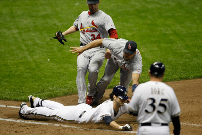 Cardinals V Milwaukee Brewers - G. Six, Milwaukee, Wi - Oct. 16: Albert Pujols And Ryan Braun by Scott Boehm Pricing Limited Edition Print image