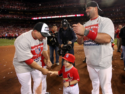 Game 7 - Rangers V Cardinals, St Louis, Mo - October 28: Rafael Furcal And Albert Pujols by Jamie Squire Pricing Limited Edition Print image