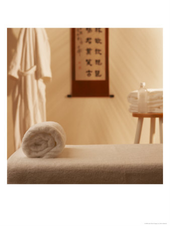 Massage Table, Robe, Towels And Water Bottle by Alan Veldenzer Pricing Limited Edition Print image