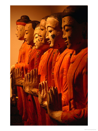 Statues Of The Standing Buddha With His Disciples For Sale At Grand Antique In Bangkok, Thailand by Tom Cockrem Pricing Limited Edition Print image