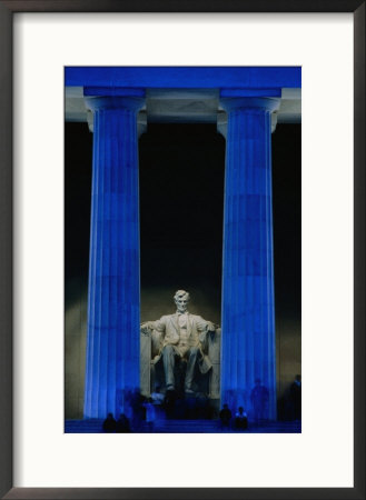 Abraham Lincoln Statue Between Blue Floodlit Columns Of Lincoln Memorial, Washington Dc, Usa by Dennis Johnson Pricing Limited Edition Print image