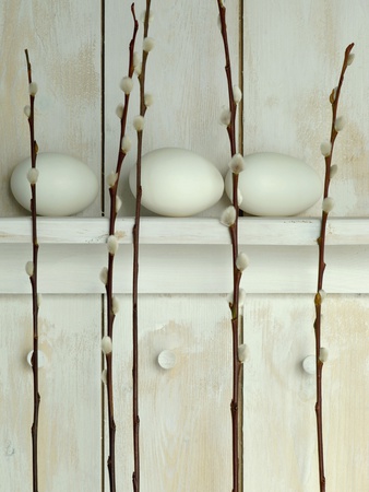 Easter Eggs On Shelf With Pussy Willow Twigs by Achim Sass Pricing Limited Edition Print image