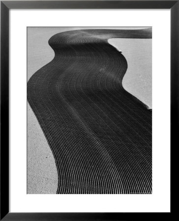 Aerial View Of Two Tractors In Field Plowing Furrows In Methods Called Listing And Contouring by Margaret Bourke-White Pricing Limited Edition Print image