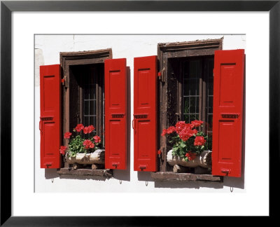 Red Shuttered Windows And Geraniums, Tasch, Near Zermatt, Valais, Switzerland by Ruth Tomlinson Pricing Limited Edition Print image