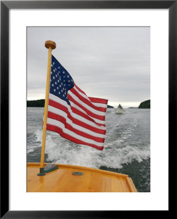 Flag Waves On The Stern Of A Maine Made Hampton Yacht, Kennebec River, Bath, Maine, Usa by Heather Perry Pricing Limited Edition Print image