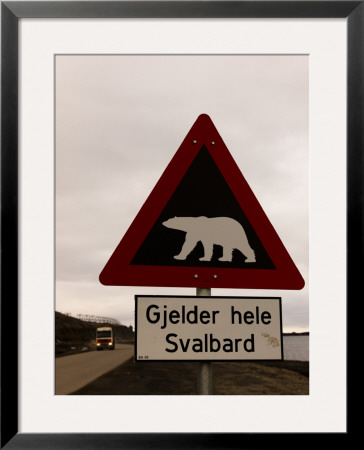 Polar Bear Crossing Sign In Svalbard, Norway, Svalbard, Norway by Norbert Rosing Pricing Limited Edition Print image