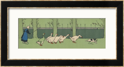 Goose Girl Wearing Clogs And Six Geese Led By A Dog In An Autumn Landscape by Cecil Aldin Pricing Limited Edition Print image