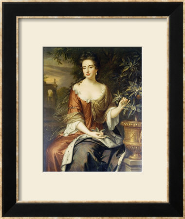 Portrait Of Queen Mary Ii, Wearing A Blue And Red Dress And Holding A Sprig Of Orange Blossom by William Wissing Pricing Limited Edition Print image