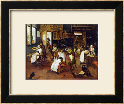 A Singerie: Monkey Barbers Serving Cats by Jan Van Kessel Pricing Limited Edition Print image