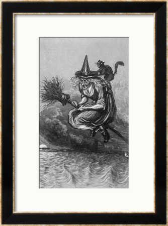 Witch Flies To The Sabbat With Her Cat On Her Broomstick by F. Armytage Pricing Limited Edition Print image