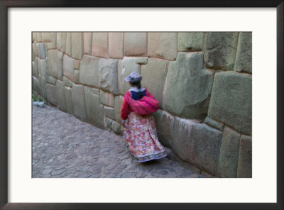 Indian Woman On Cobblestone Street Lined With Inca Stone Walls, Cuzco, Peru by Keren Su Pricing Limited Edition Print image