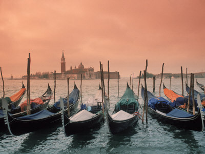 Sunset On Gondolas And Grand Canal, Venice, Italy by Michael Howell Pricing Limited Edition Print image